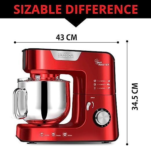 INALSA Stand Mixer Professional Mix Master- Heavy Duty 1200 Watt Pure Copper Motor| 5.5L SS Bowl| Metal Gears for Extra Stability| Includes Whisking Cone, Mixing Beater & Dough Hook, (Red) INALSA Stand Mixer Professional Mix Master- Heavy Duty 1200 Watt Pure Copper Motor| 5.5L SS Bowl| Metal Gears for Extra Stability| Includes Whisking Cone, Mixing Beater & Dough Hook, (Red)